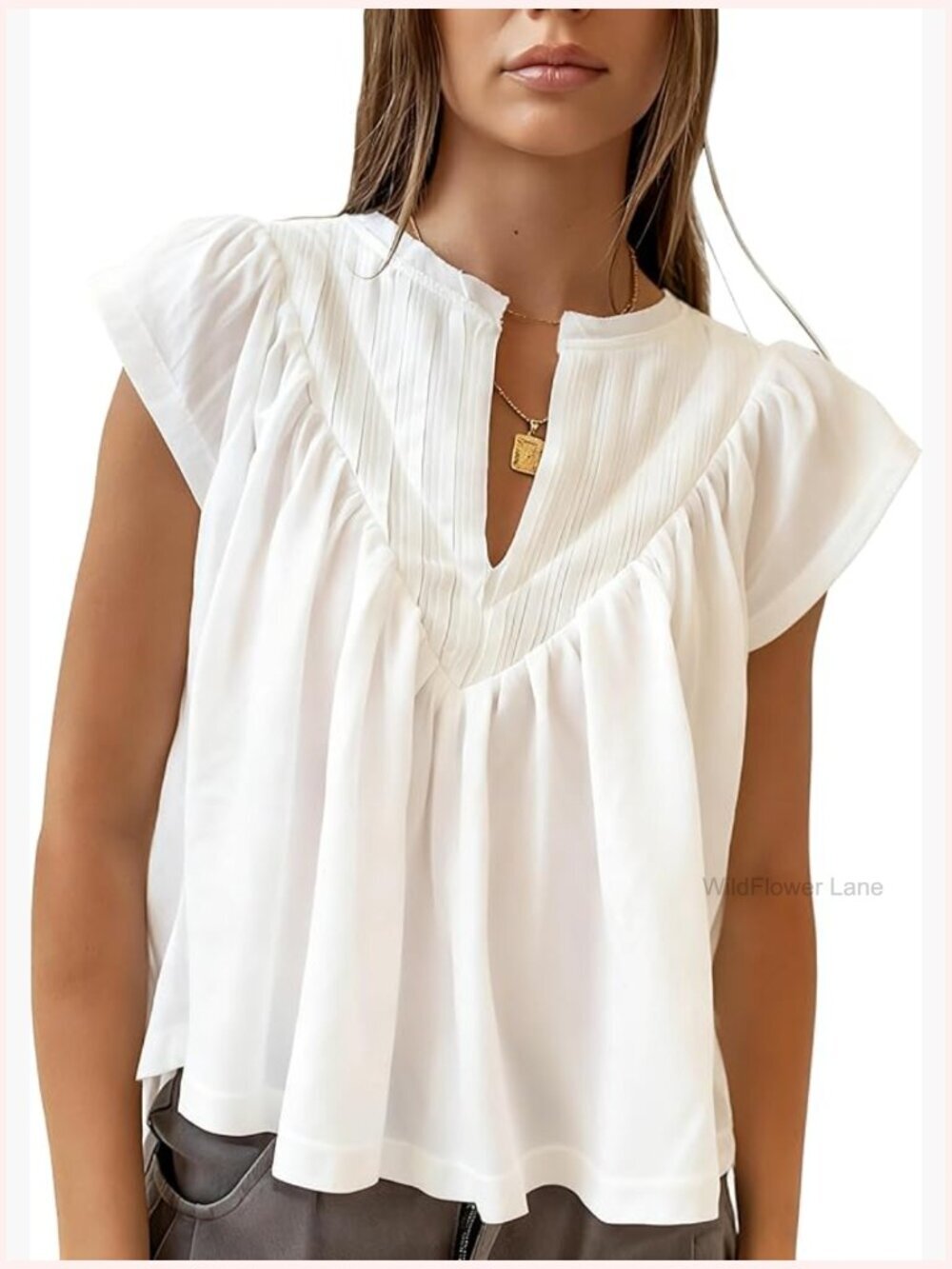 Womens Chiffon Babydoll Top Pleated V Neck Peplum Blouse Flutter Sleeve Cute